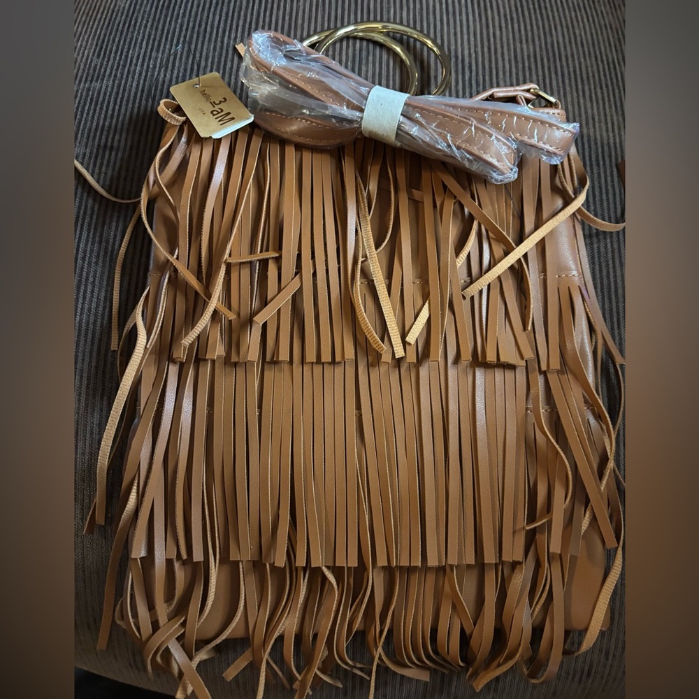 Fringe Tan Leather Crossbody Bag